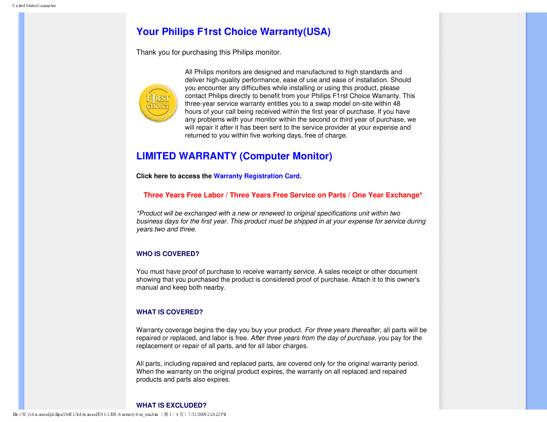 Philips 2.44E+03 user manual Your Philips F1rst Choice WarrantyUSA, Limited Warranty Computer Monitor 