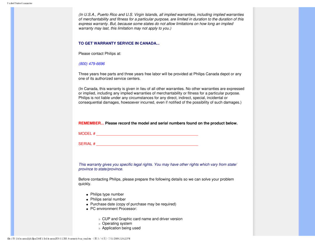 Philips 2.44E+03 user manual To GET Warranty Service in Canada 