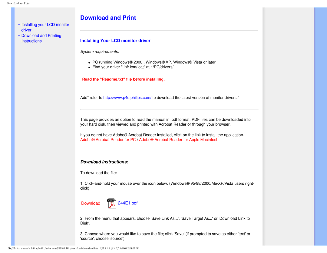 Philips 2.44E+03 user manual Download and Print, Installing Your LCD monitor driver 