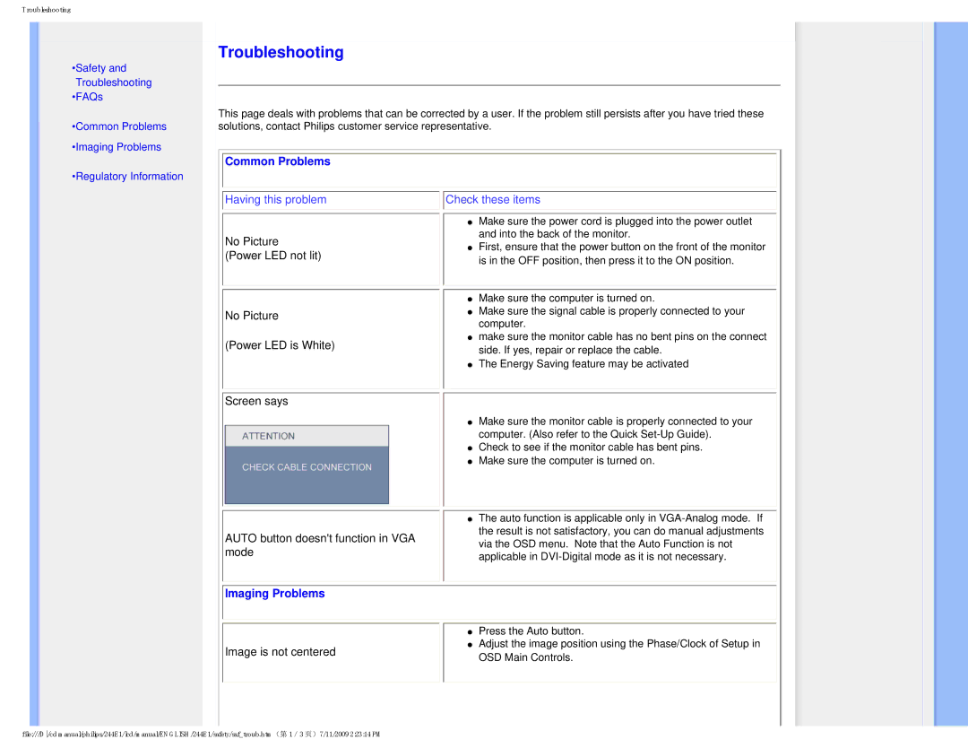 Philips 2.44E+03 user manual Common Problems, Imaging Problems 