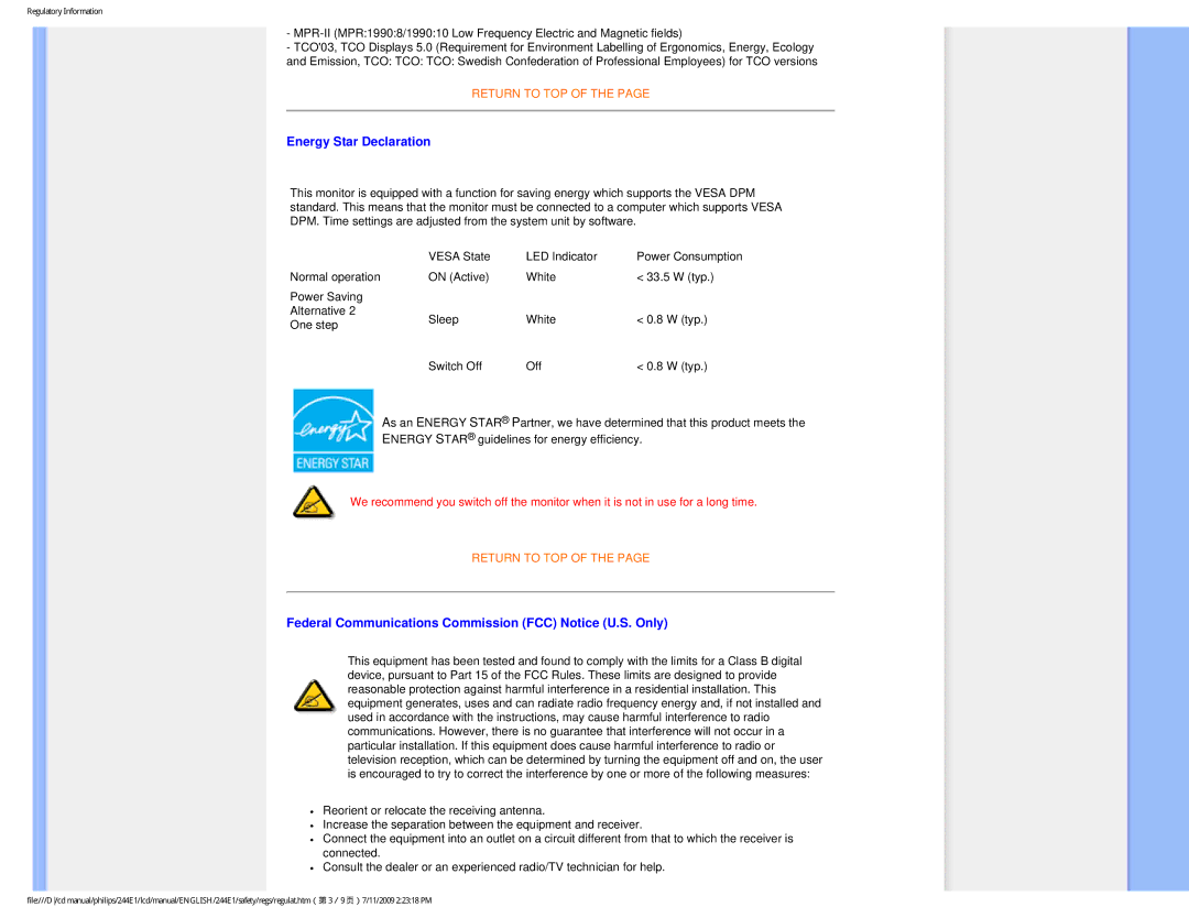 Philips 244EI user manual Energy Star Declaration, Federal Communications Commission FCC Notice U.S. Only 