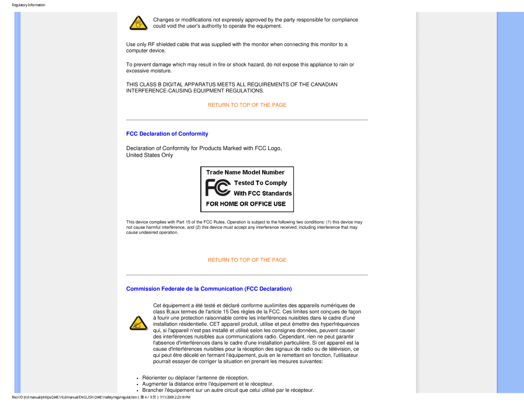 Philips 244EI user manual FCC Declaration of Conformity, Commission Federale de la Communication FCC Declaration 