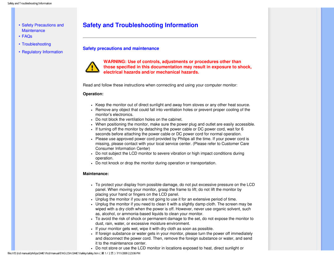 Philips 244EI user manual Safety and Troubleshooting Information, Safety precautions and maintenance 