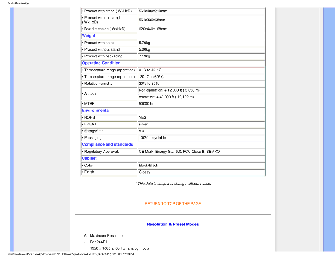 Philips 244EI user manual Cabinet, Resolution & Preset Modes 