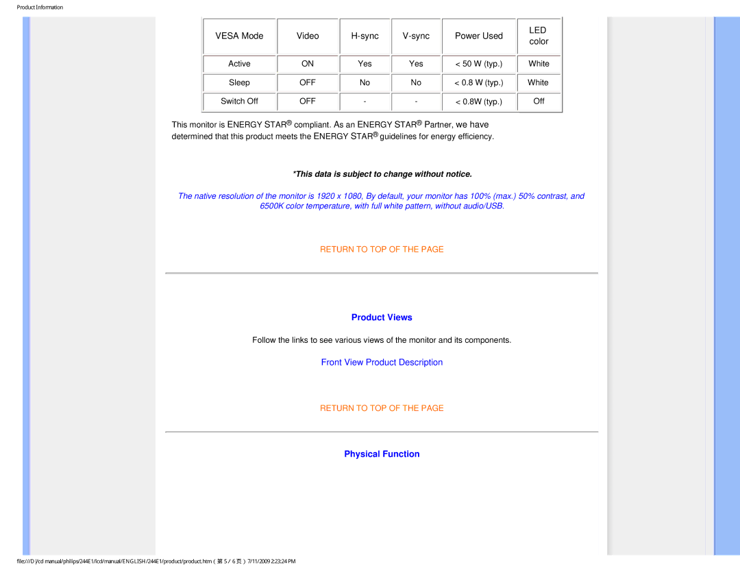 Philips 244EI user manual Product Views, Physical Function 