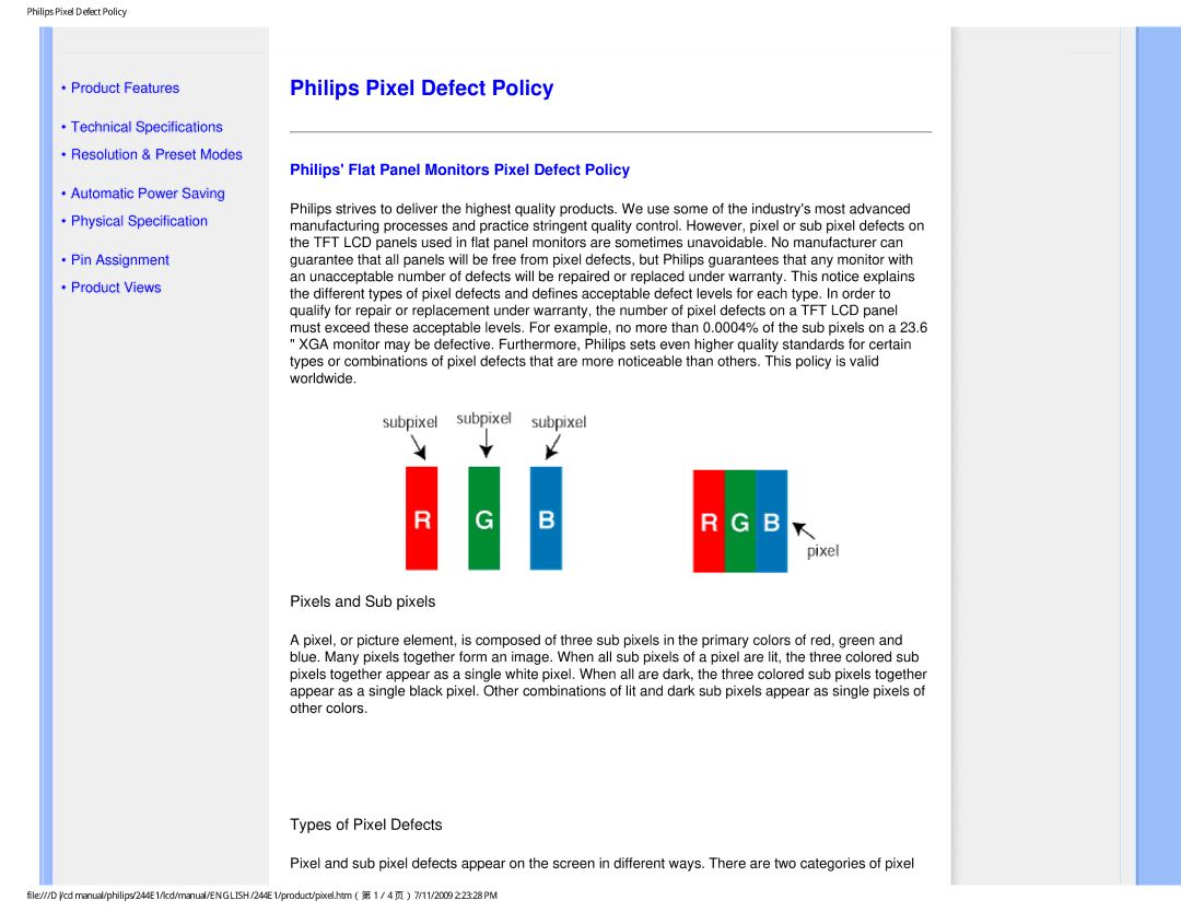 Philips 244EI user manual Philips Pixel Defect Policy, Philips Flat Panel Monitors Pixel Defect Policy 