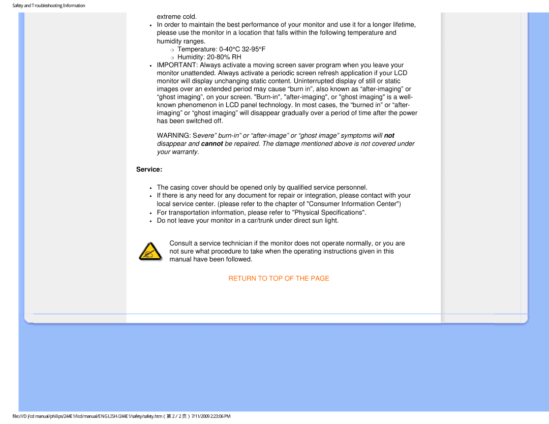 Philips 244EI user manual Service 