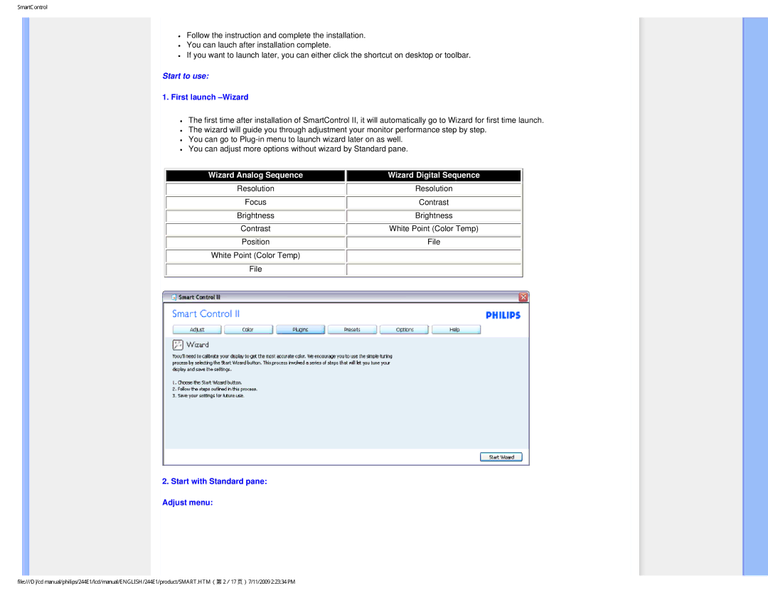 Philips 244EI user manual First launch -Wizard, Start with Standard pane Adjust menu 