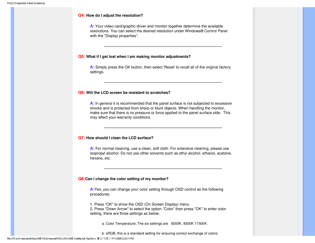 Philips 244EI user manual Q4 How do I adjust the resolution? 