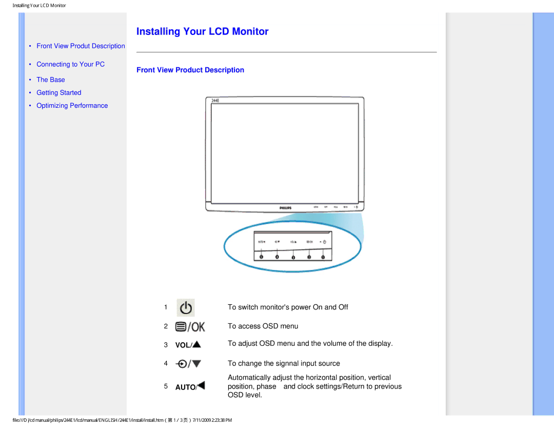 Philips 244EI user manual Installing Your LCD Monitor, Front View Product Description 