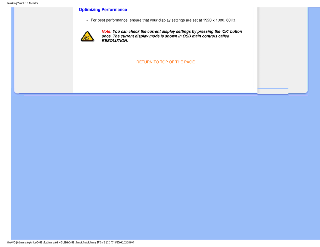 Philips 244EI user manual Optimizing Performance, Resolution 