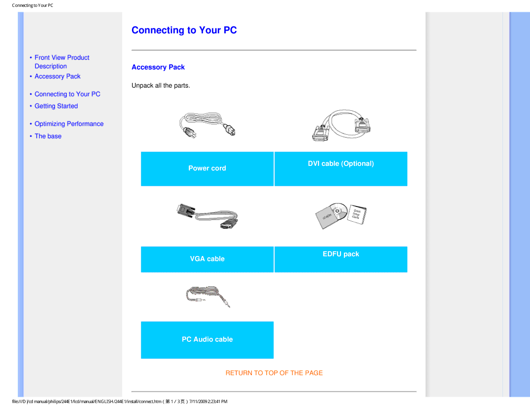 Philips 244EI user manual Connecting to Your PC, Accessory Pack 