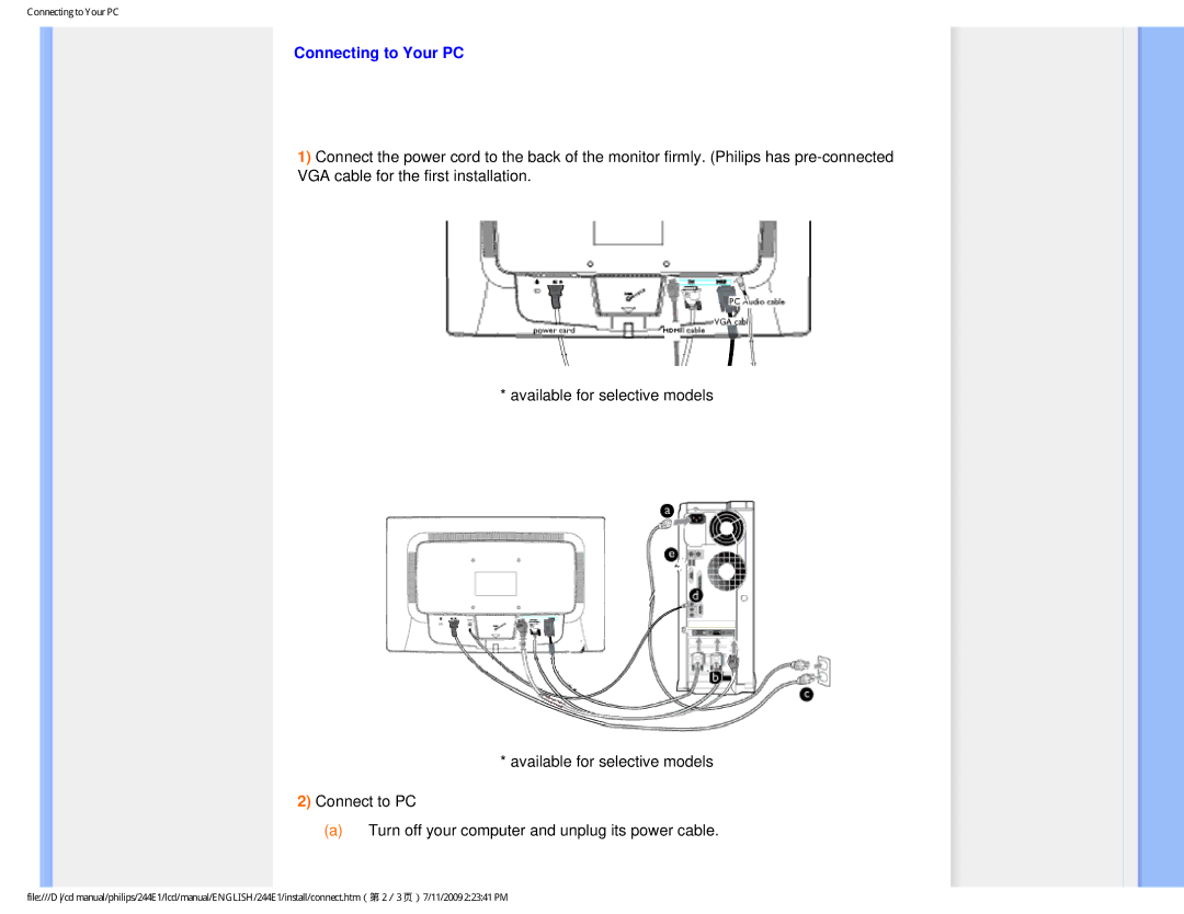 Philips 244EI user manual Connecting to Your PC 