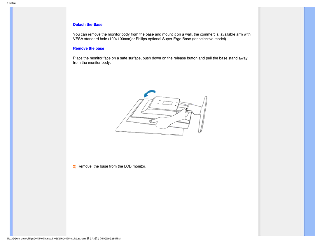 Philips 244EI user manual Detach the Base, Remove the base 