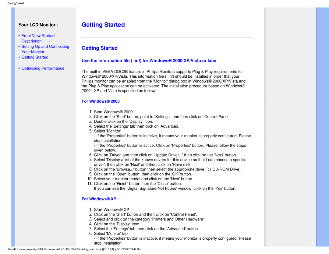 Philips 244EI user manual Getting Started, For Windows XP 