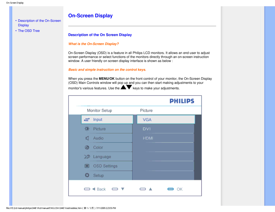 Philips 244EI user manual On-Screen Display, Description of the On Screen Display 