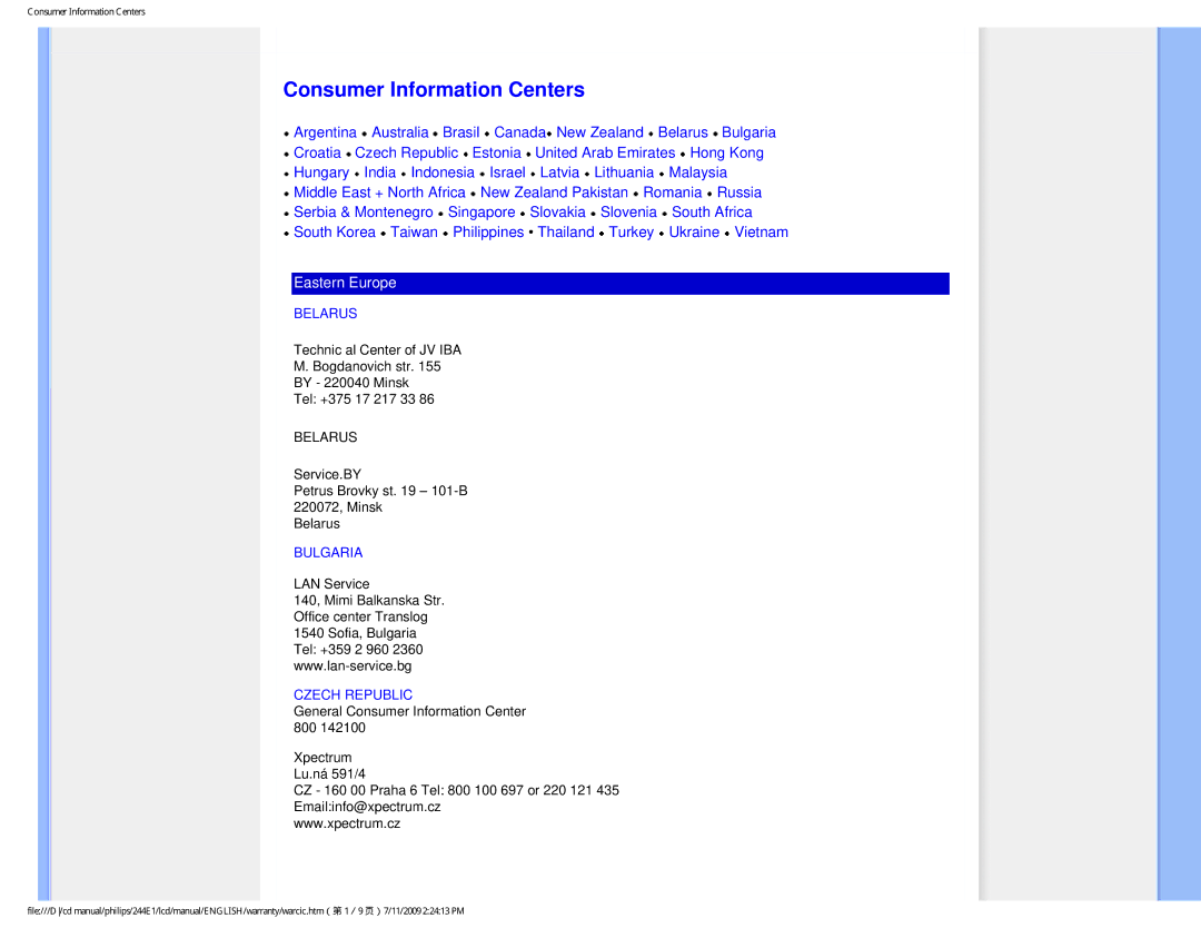 Philips 244EI user manual Consumer Information Centers 