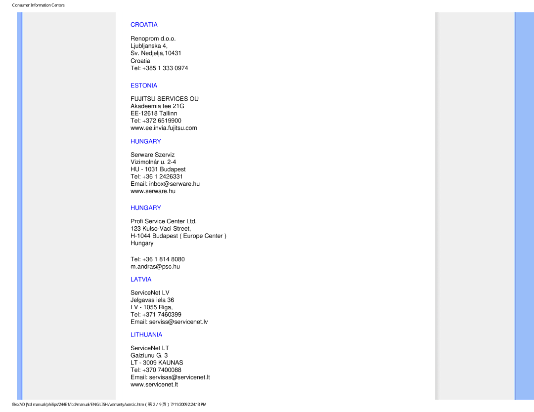 Philips 244EI user manual Croatia 