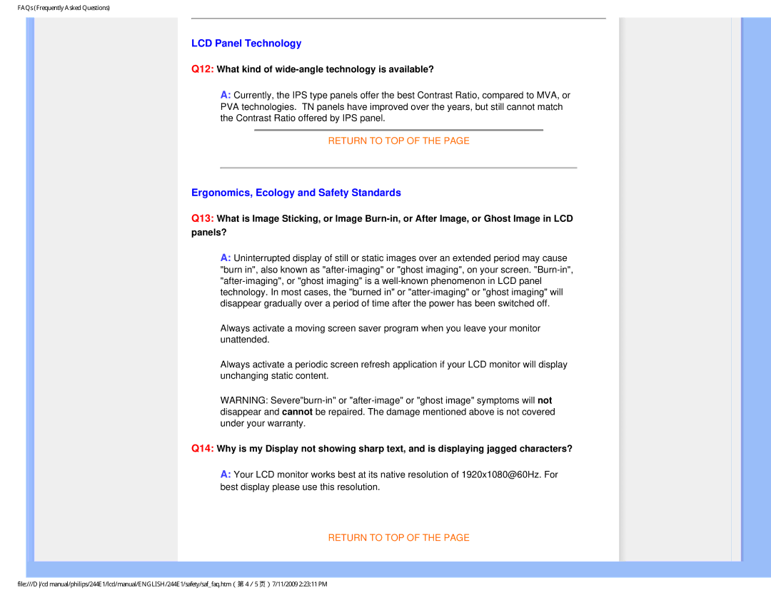 Philips 244EI user manual LCD Panel Technology, Ergonomics, Ecology and Safety Standards 