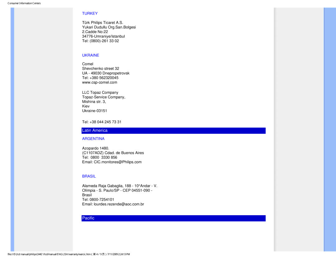 Philips 244EI user manual Latin America 