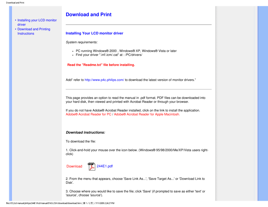 Philips 244EI user manual Download and Print, Installing Your LCD monitor driver 