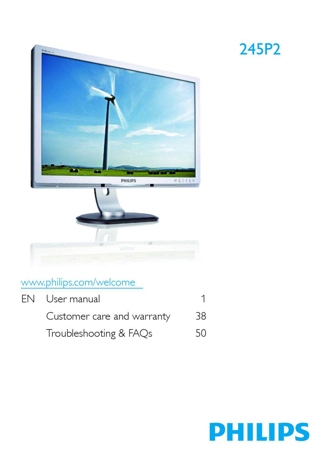 Philips 245P2 user manual EN User manual, Troubleshooting & FAQs, Customer care and warranty 