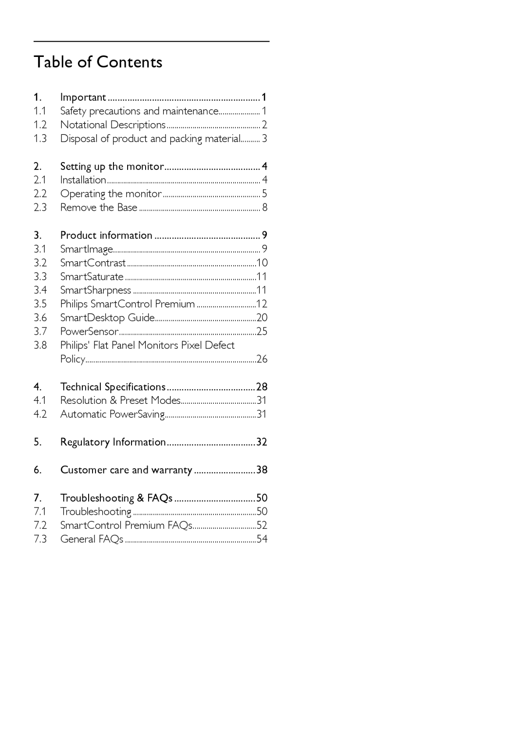 Philips 245P2 user manual Table of Contents 