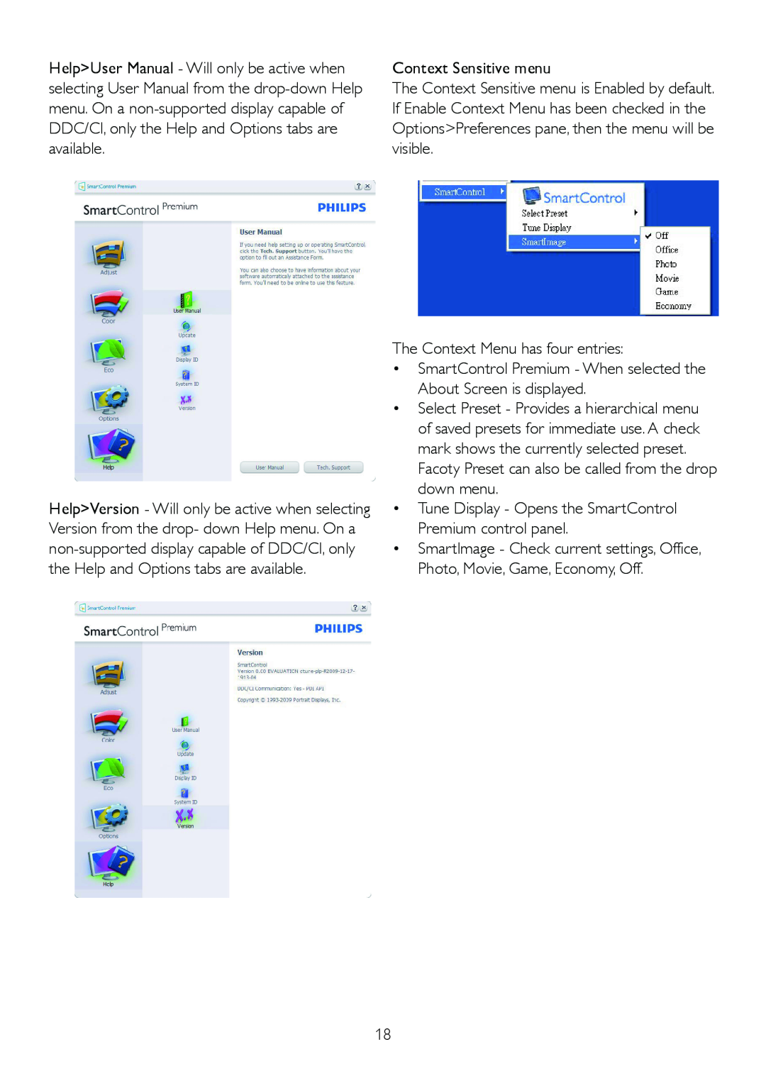 Philips 245P2 user manual Context Sensitive menu 
