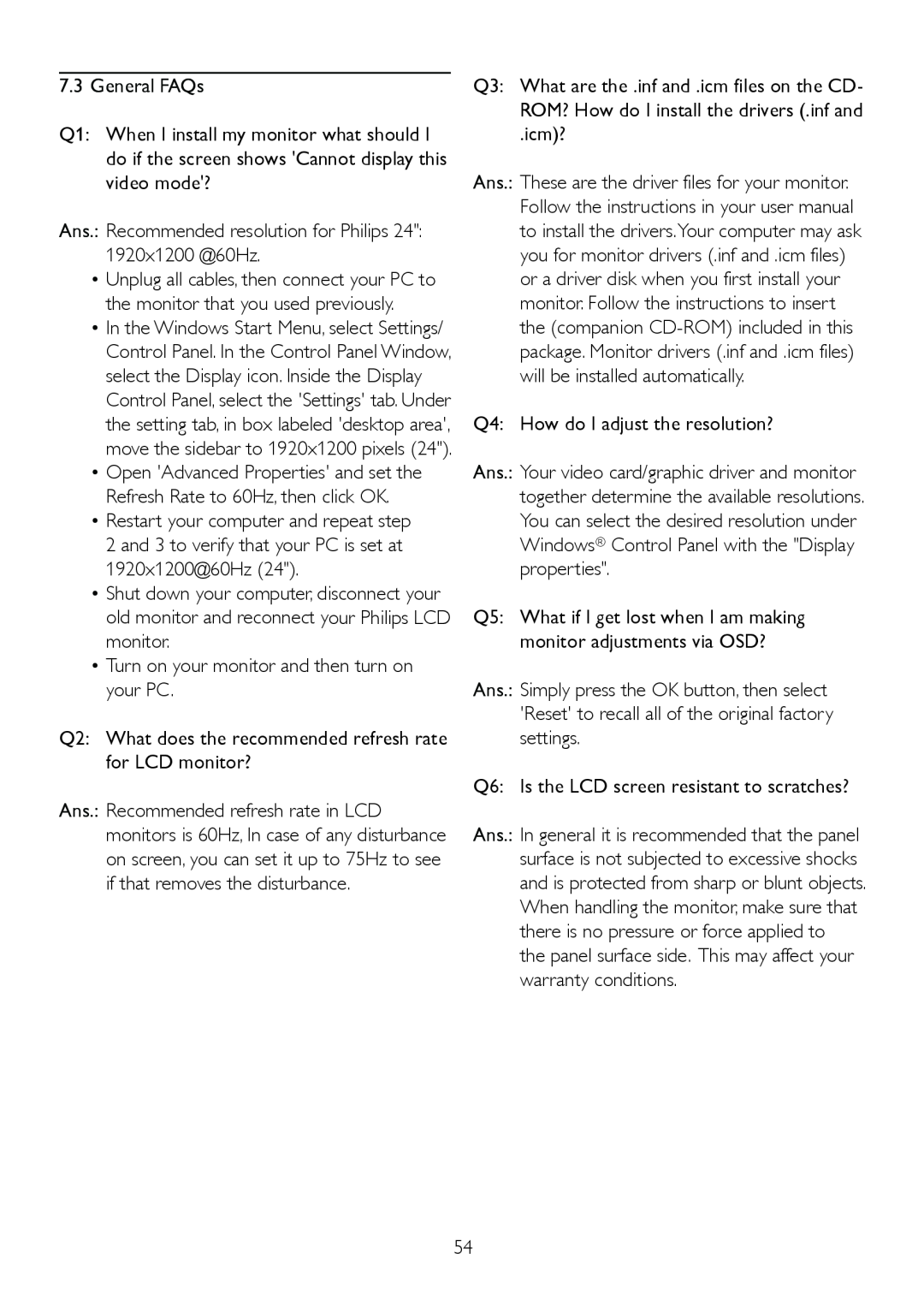 Philips 245P2 user manual General FAQs 