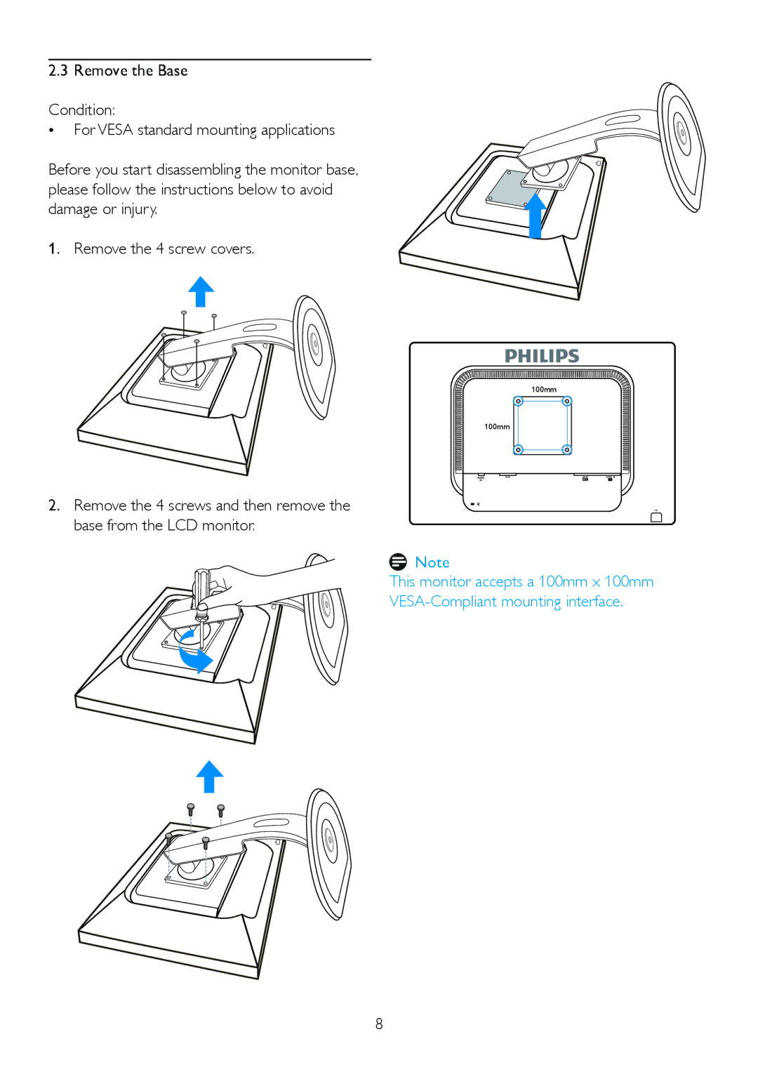 Philips 245P2 user manual Remove the 4 screw covers 