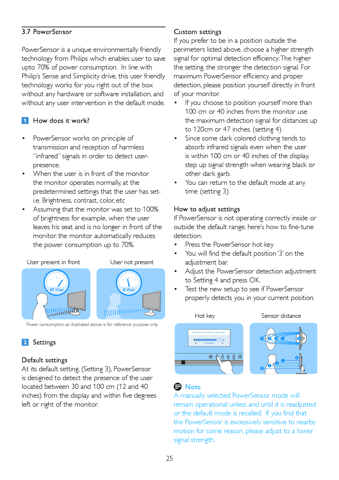 Philips 245P2 user manual PowerSensor, Settings Default settings, Custom settings 