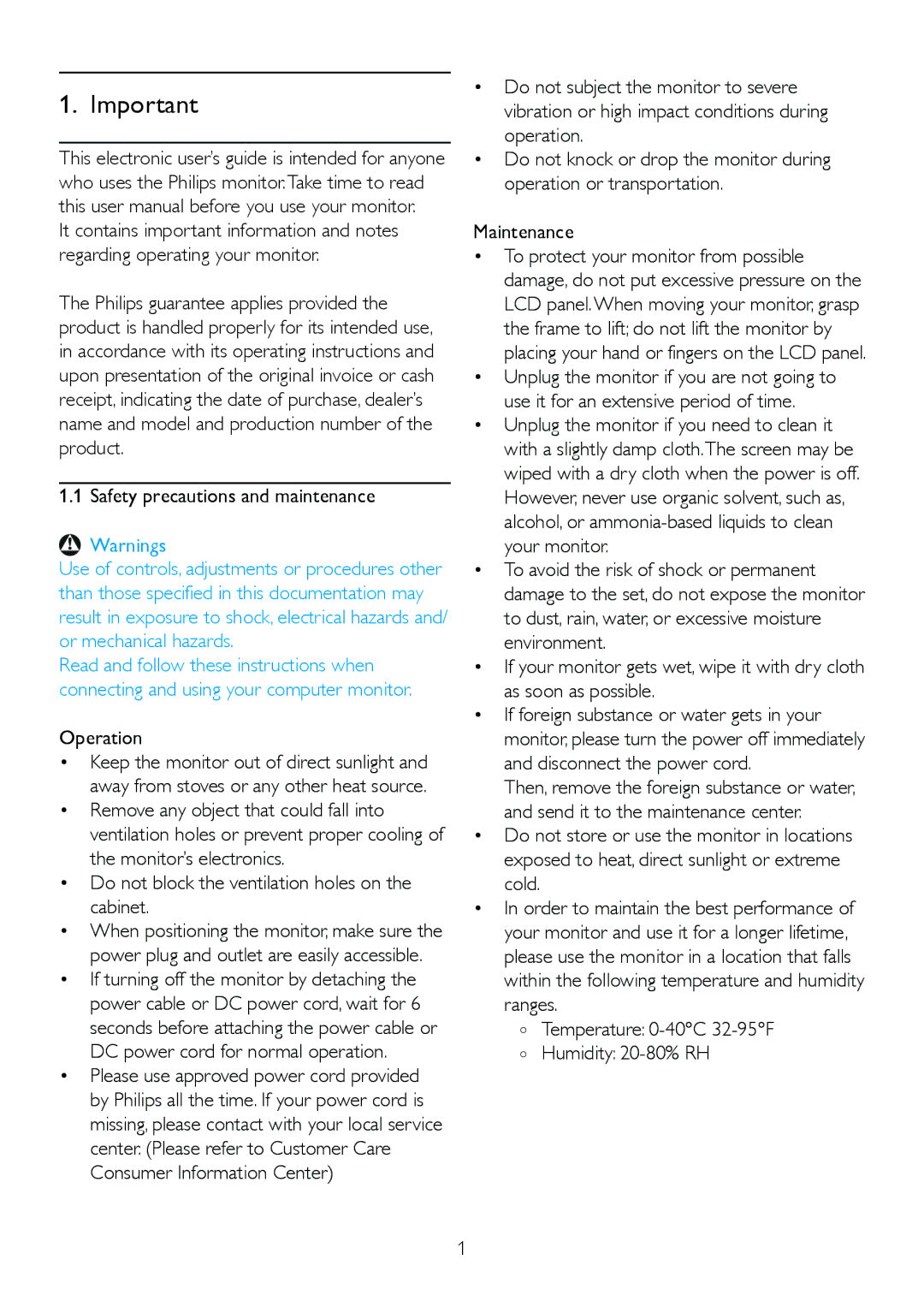 Philips 245P2 user manual Safety precautions and maintenance, Operation, Temperature 0-40C 32-95F Humidity 20-80% RH 