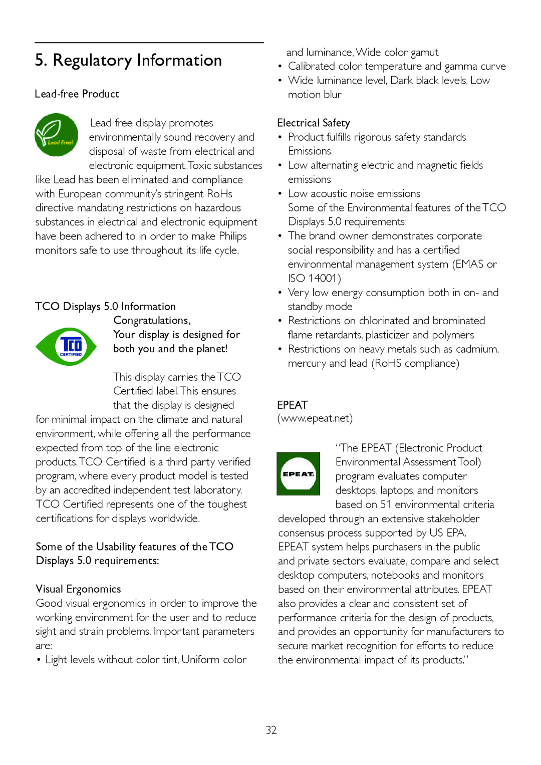 Philips 245P2 user manual Lead-free Product, Epeat Electronic Product 