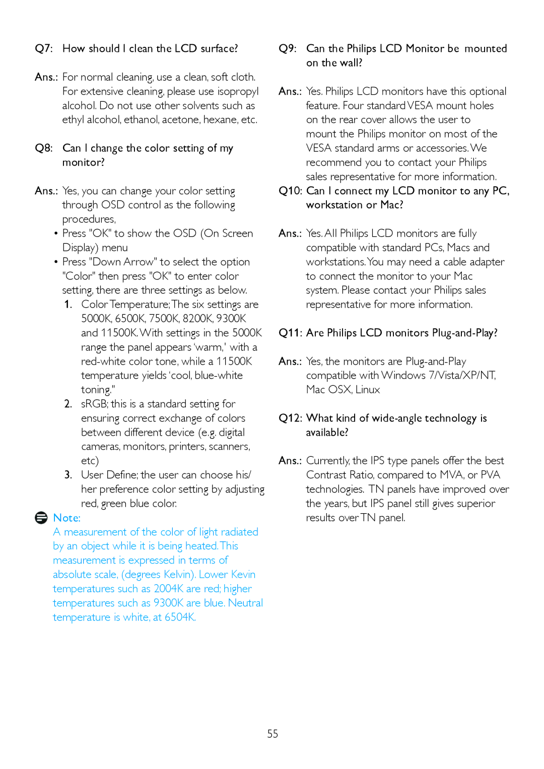 Philips 245P2 user manual Q7 How should I clean the LCD surface?, Q9 Can the Philips LCD Monitor be mounted on the wall? 