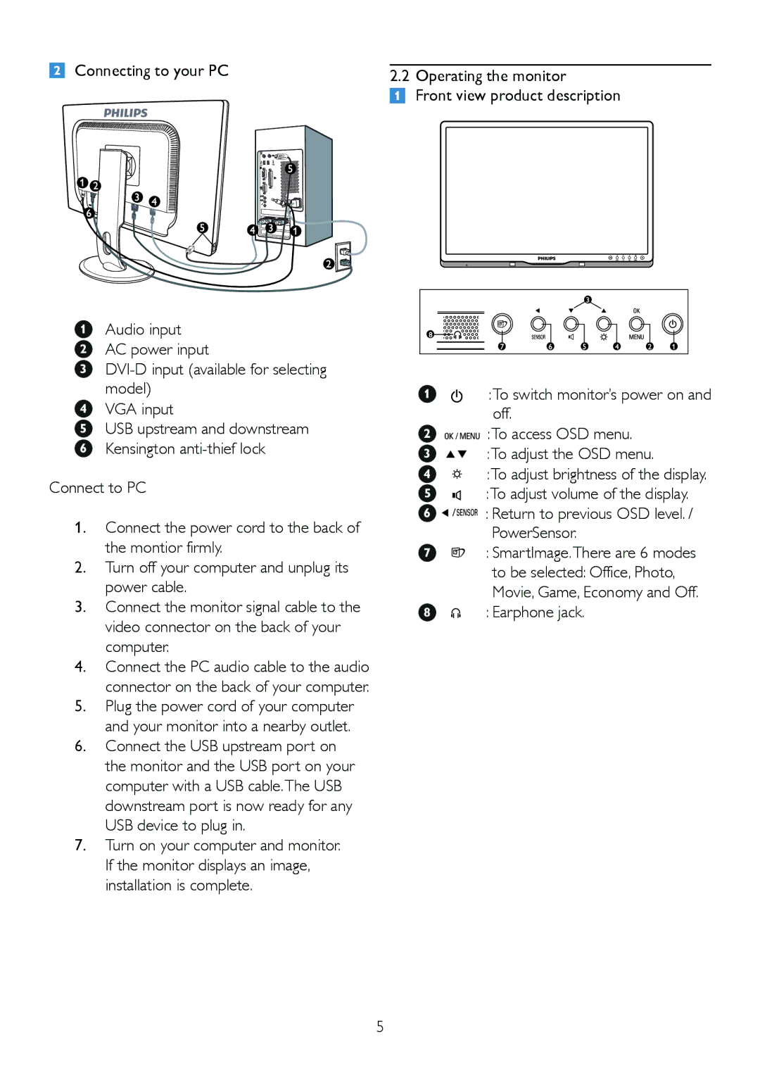 Philips 245P2 user manual USB upstream and downstream Kensington anti-thief lock 