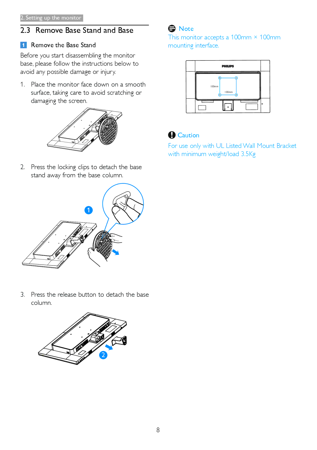 Philips 246V5 Remove Base Stand and Base, Remove the Base Stand, Press the release button to detach the base column 