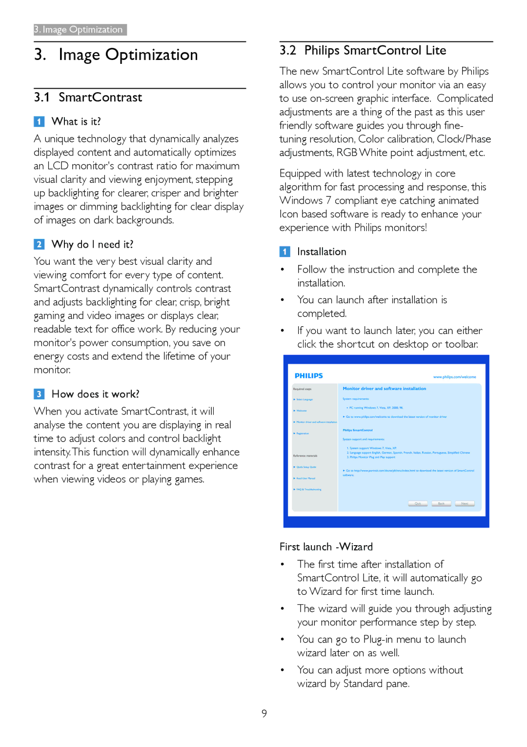 Philips 246V5 user manual Image Optimization, SmartContrast, Philips SmartControl Lite 