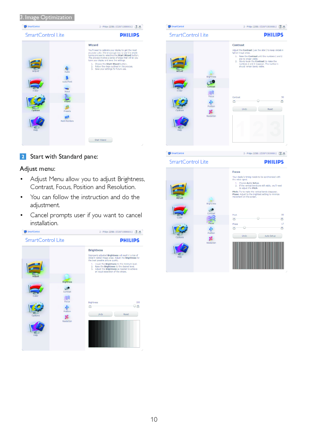 Philips 246V5 user manual Start with Standard pane Adjust menu 