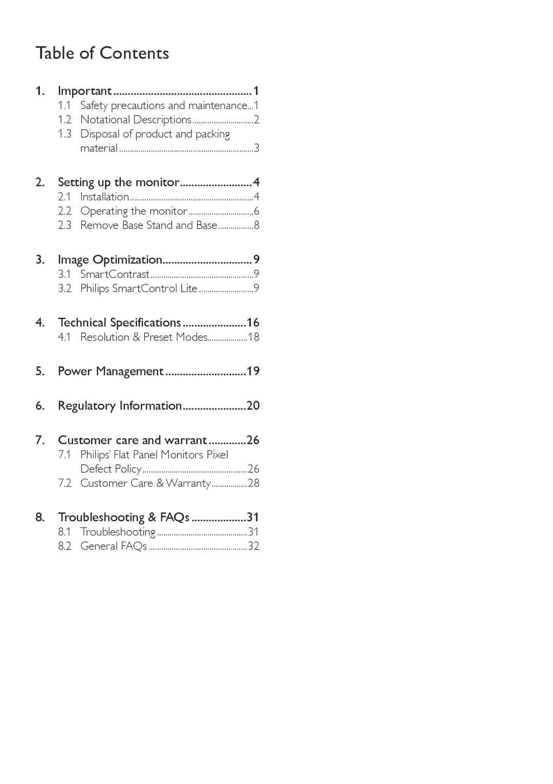 Philips 246V5 user manual Table of Contents 