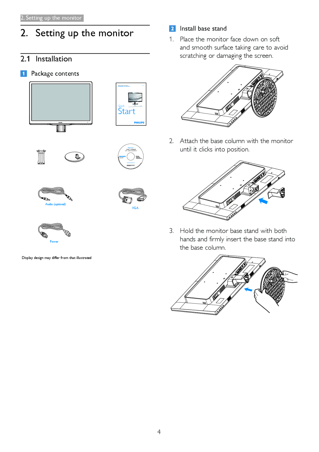 Philips 246V5 user manual Setting up the monitor, Installation, Install base stand Place the monitor face down on soft 