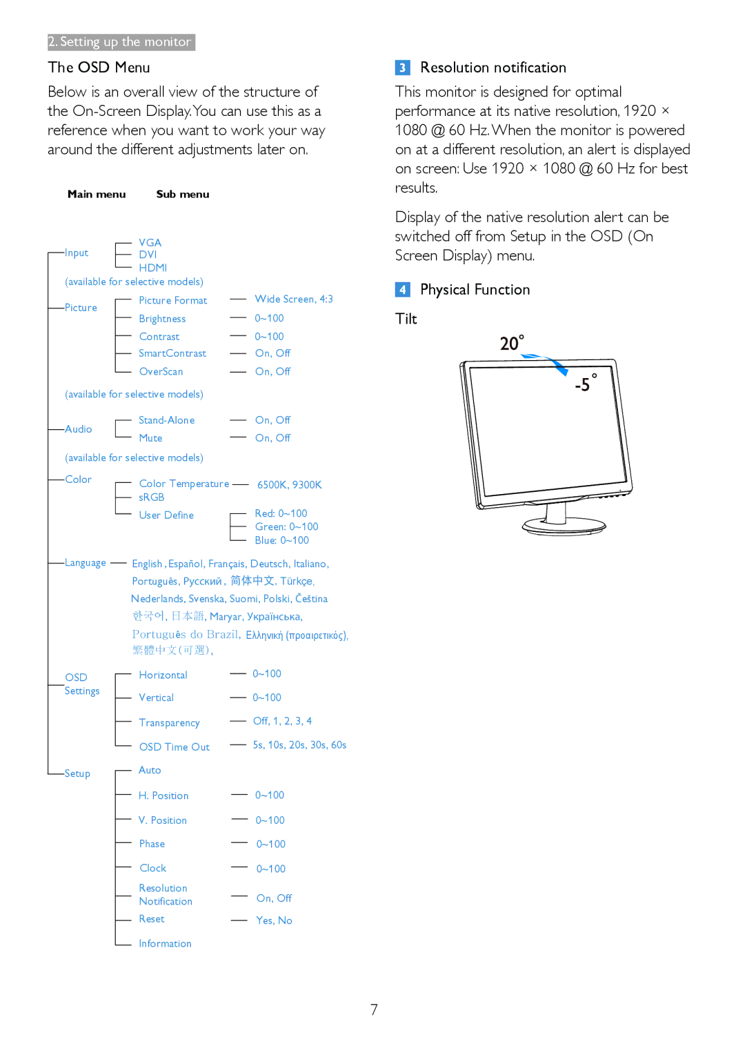 Philips 246V5 user manual OSD Menu, Main menu Sub menu 