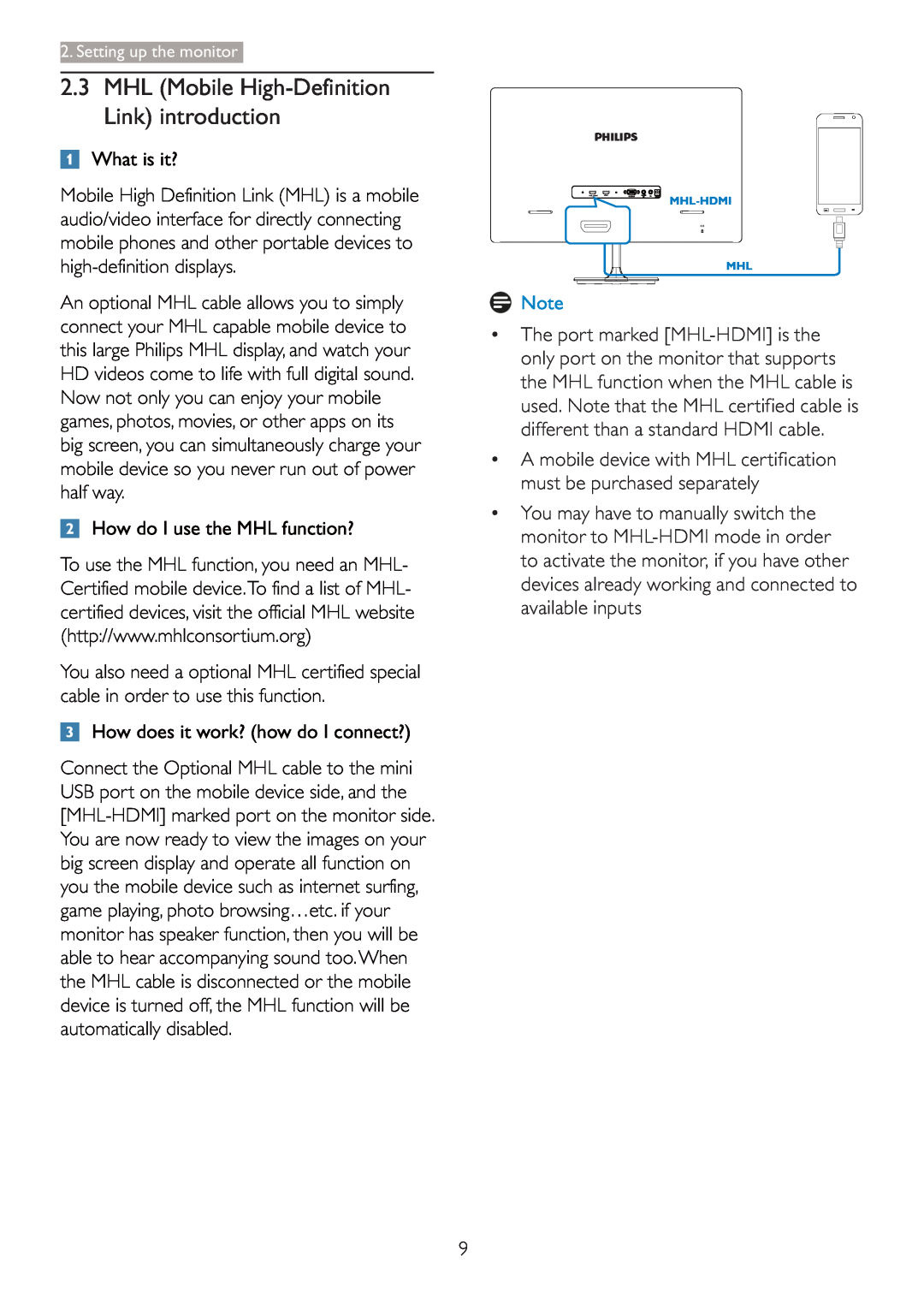 Philips 2.47E+06 user manual What is it?, How do I use the MHL function?, How does it work? how do I connect? 