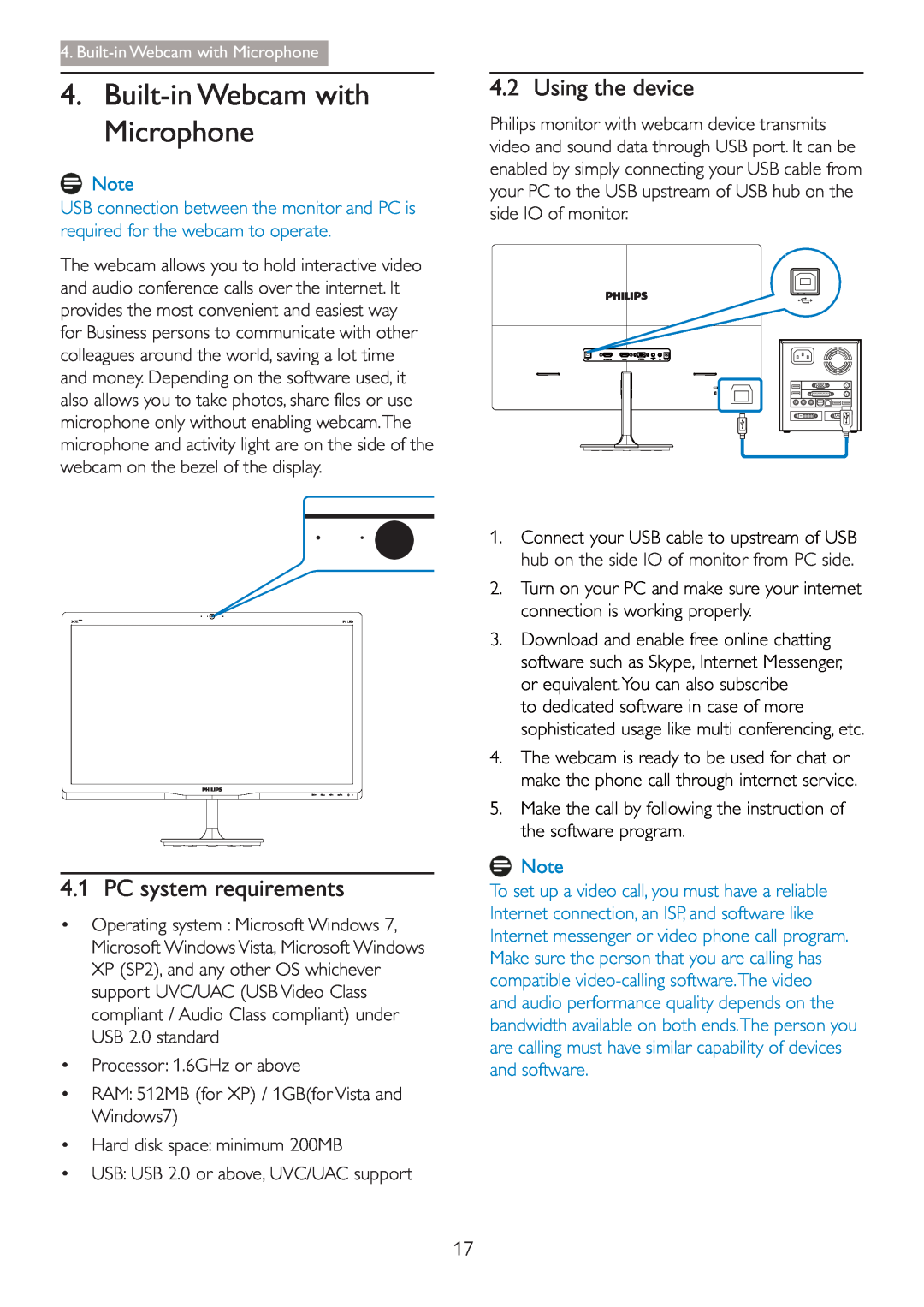 Philips 2.47E+06 user manual Built-in Webcam with Microphone, PC system requirements, Using the device 
