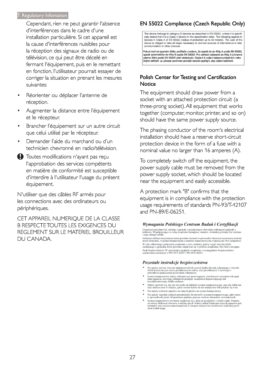 Philips 2.47E+06 user manual EN 55022 Compliance Czech Republic Only, Polish Center for Testing and Certification Notice 