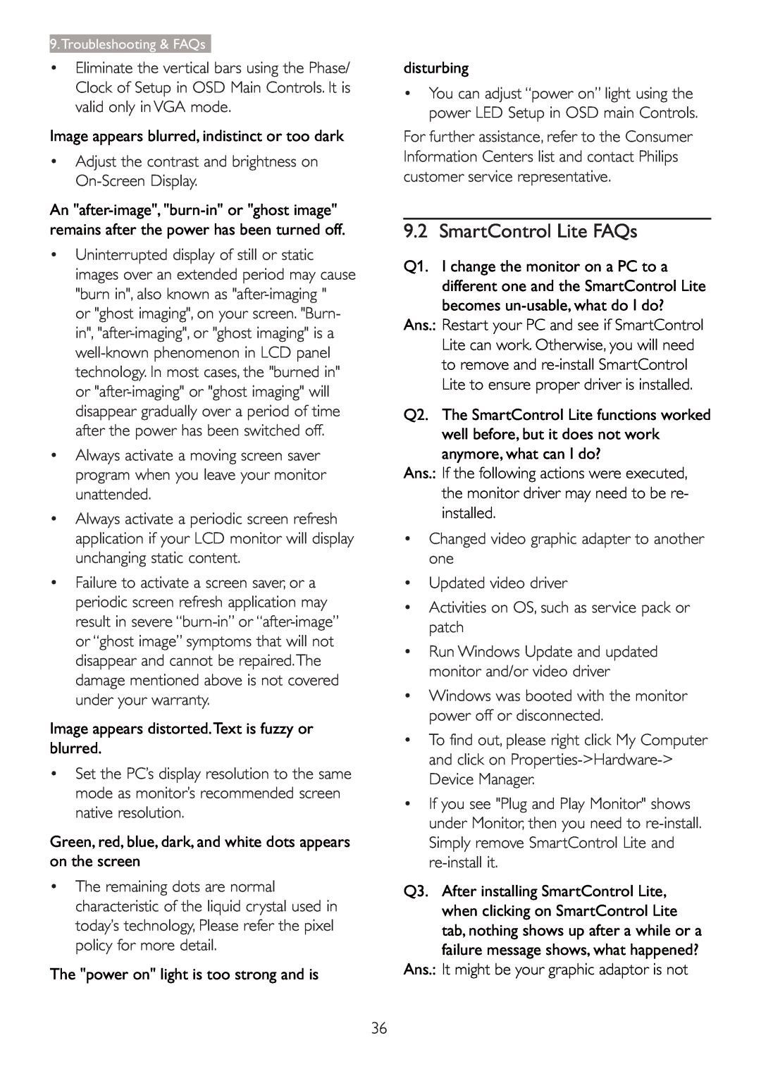 Philips 2.47E+06 user manual SmartControl Lite FAQs, Image appears blurred, indistinct or too dark, disturbing 
