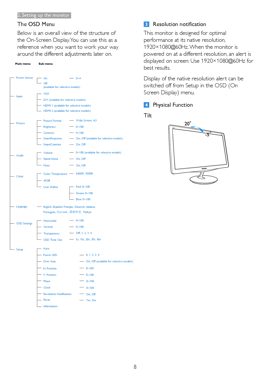 Philips 247E3L warranty OSD Menu, Vga 