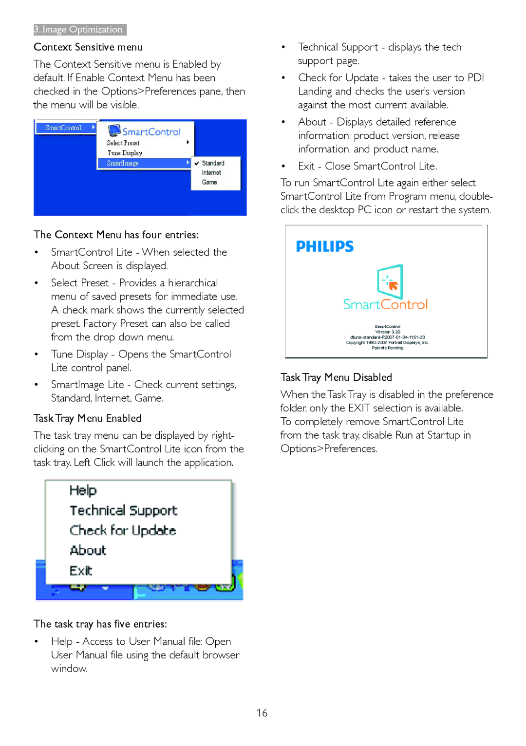 Philips 247E3L warranty Context Sensitive menu, Exit Close SmartControl Lite, Task Tray Menu Disabled 