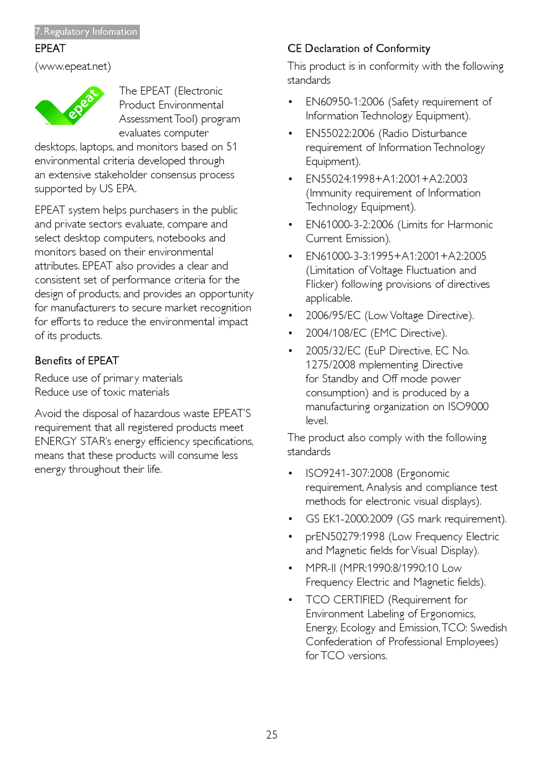 Philips 247E3L warranty Epeat Electronic Product Environmental, EN61000-3-22006 Limits for Harmonic Current Emission 