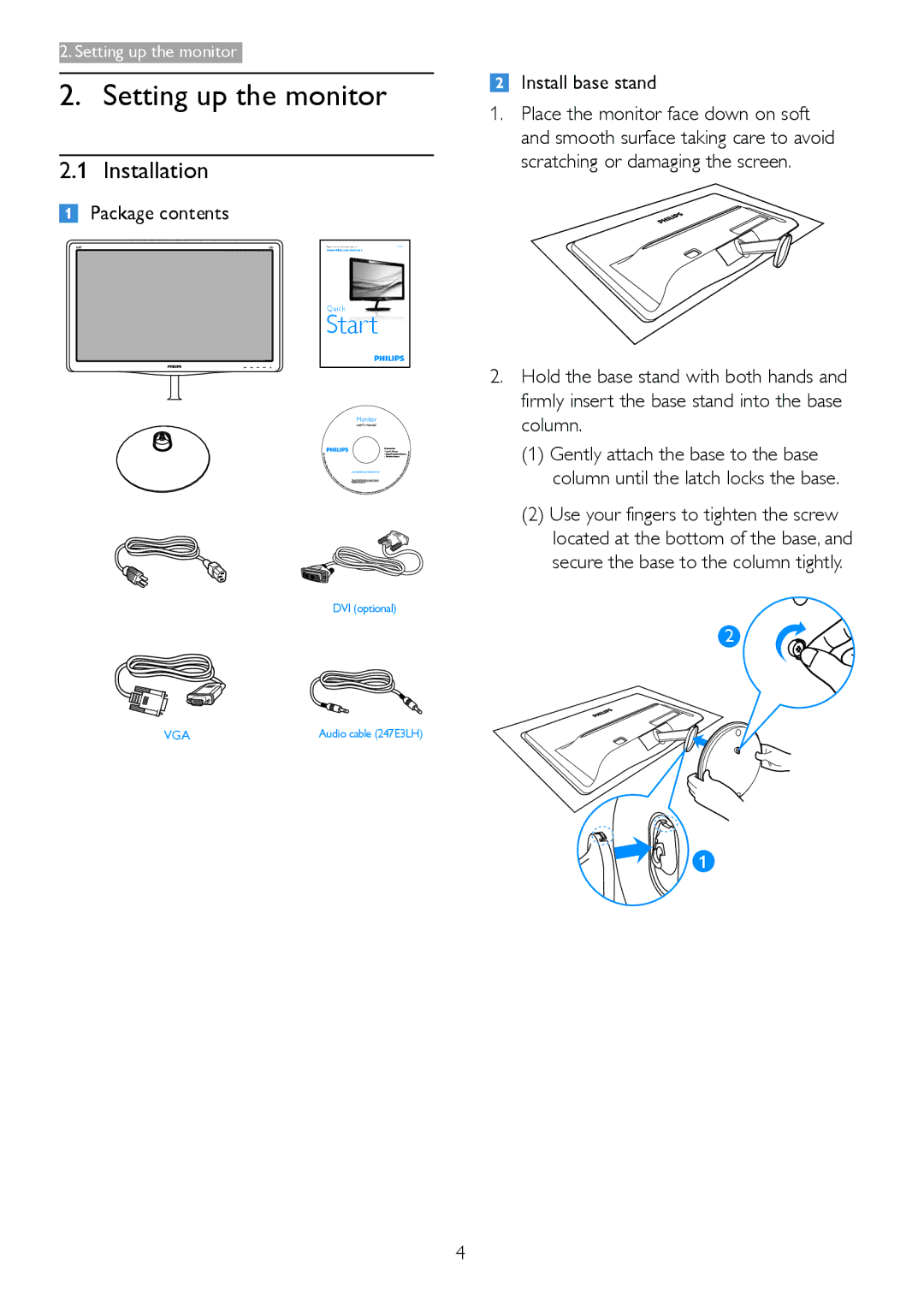 Philips 247E3L warranty Setting up the monitor, Installation, Package contents, Install base stand 