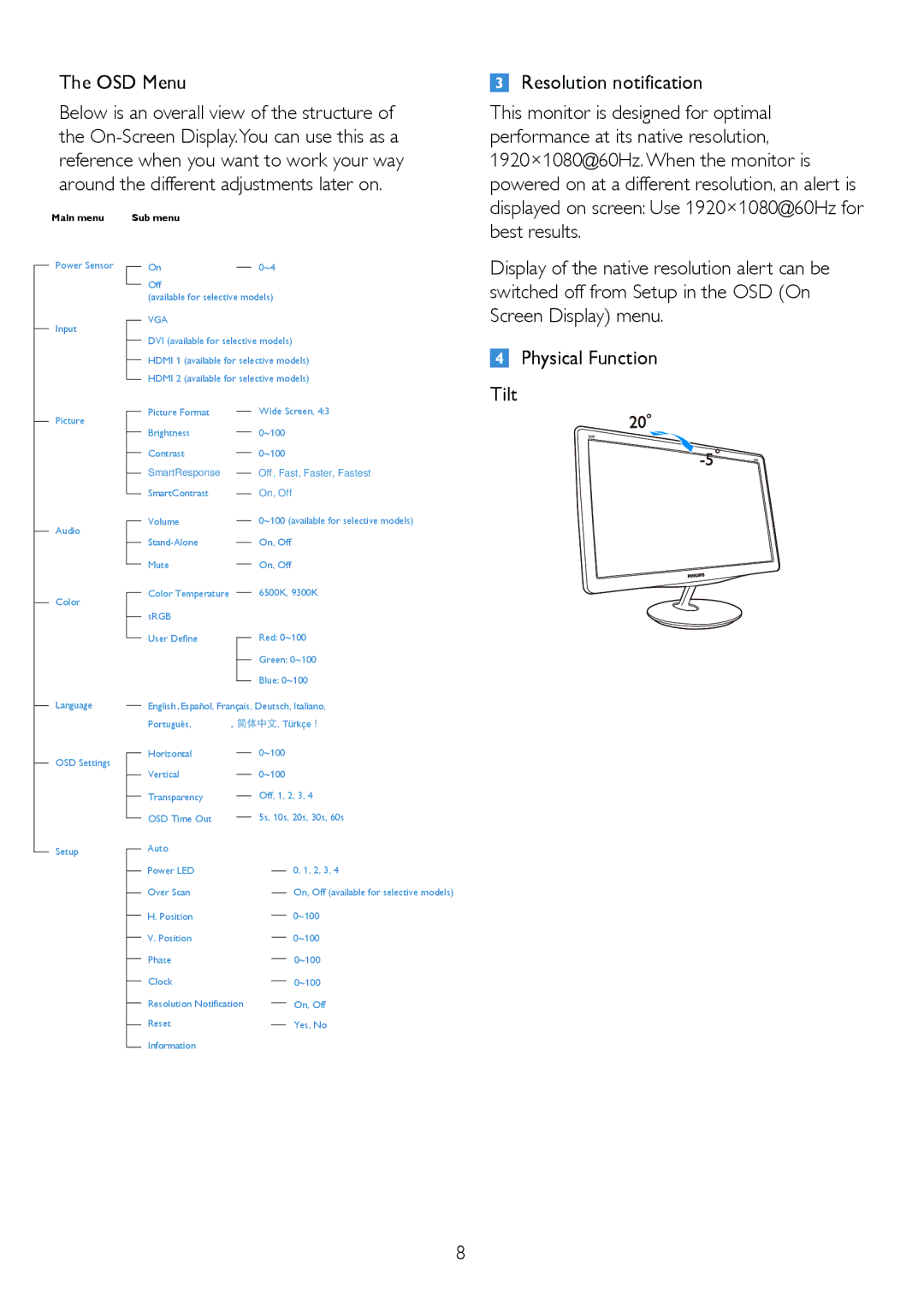 Philips 247E3L warranty OSD Menu, Vga 